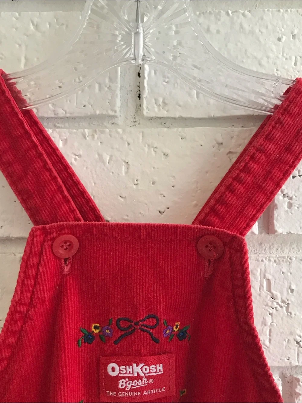 OshKosh B'gosh Red Corduroy Overalls Vestbak Floral Embroidered Vintage
